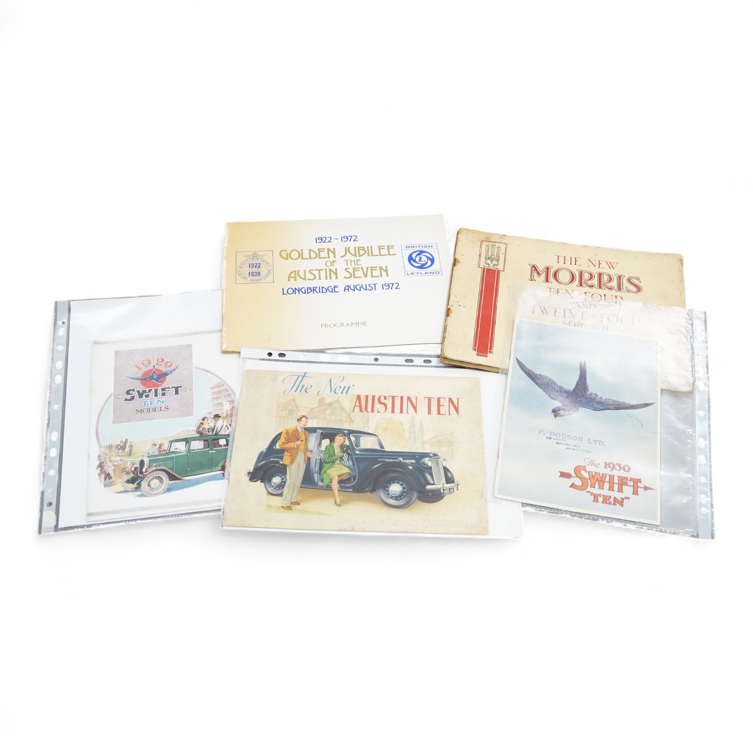 Five 1920s and 1930s motor car manufacturer’s brochures; the Morris Ten-Four and Twelve-Four Series II (produced 1934-48), the Morris Ten Series M (produced 1933-48), the 1929 Swift Ten, the 1930 Swift Ten and the New Au
